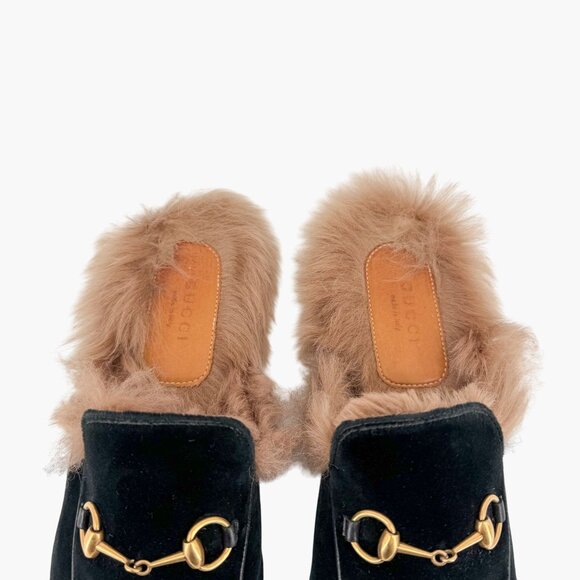 Gucci Princetown Black Velvet Fur Lined Horsebit Mules Size 38.5 US 8.5 Women's - Picture 4 of 15